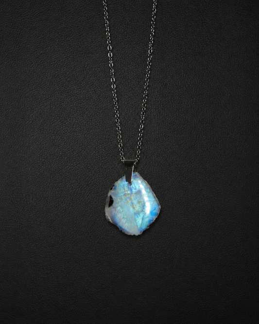 Rough rainbow moonstone pendant w/ black tourmaline necklace (04-11)