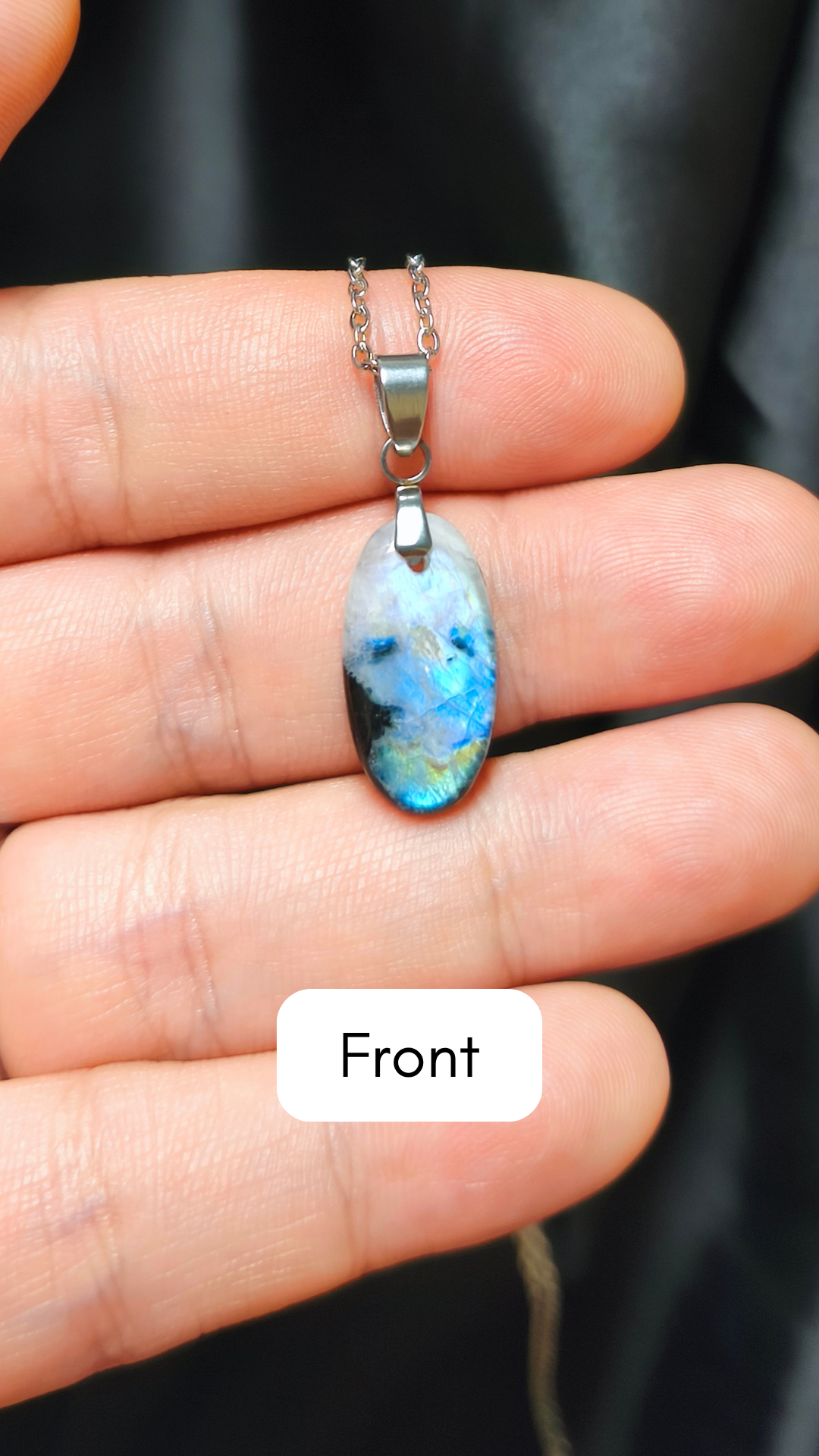 Rainbow moonstone w/ black tourmaline oval pendant necklace (04-08)
