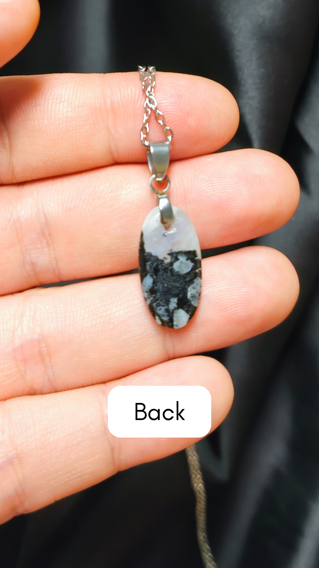 Rainbow moonstone w/ black tourmaline oval pendant necklace (04-08)