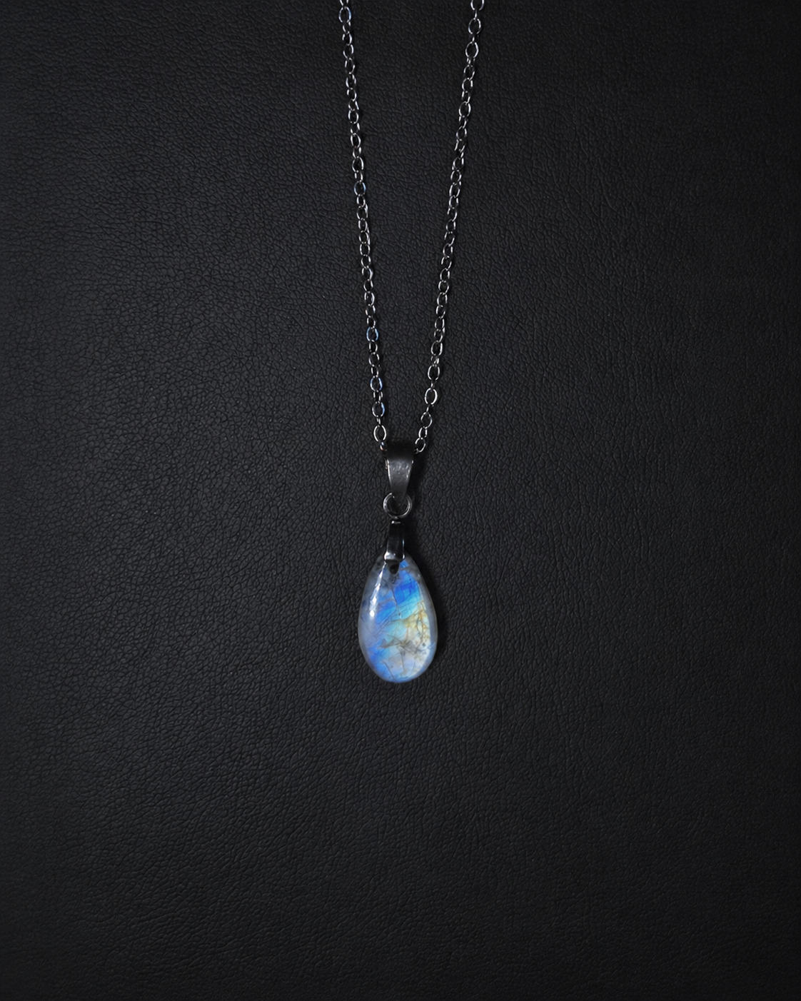 Rainbow moonstone w/ black tourmaline teardrop pendant necklace (04-15)