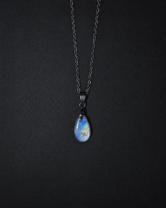 Rainbow moonstone w/ black tourmaline teardrop pendant necklace (04-15)