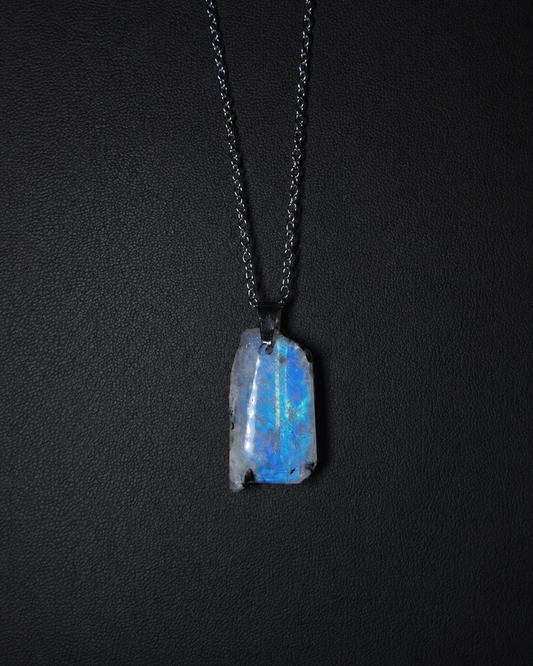 Rough rainbow moonstone pendant w/ black tourmaline necklace (04-16)