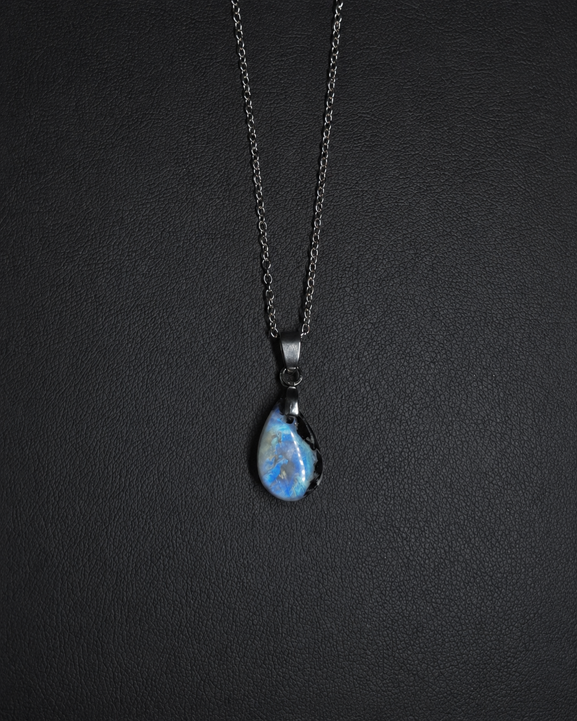 Rainbow moonstone w/ black tourmaline teardrop pendant necklace (04-17)