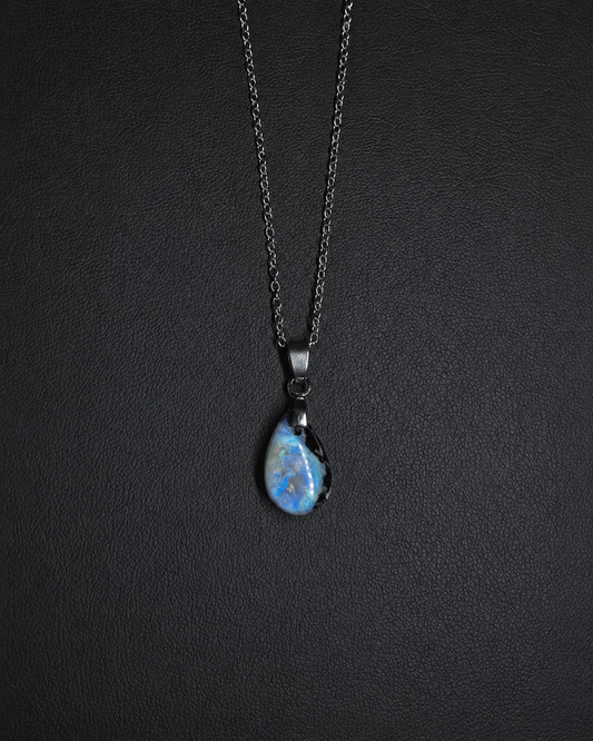 Rainbow moonstone w/ black tourmaline teardrop pendant necklace (04-17)