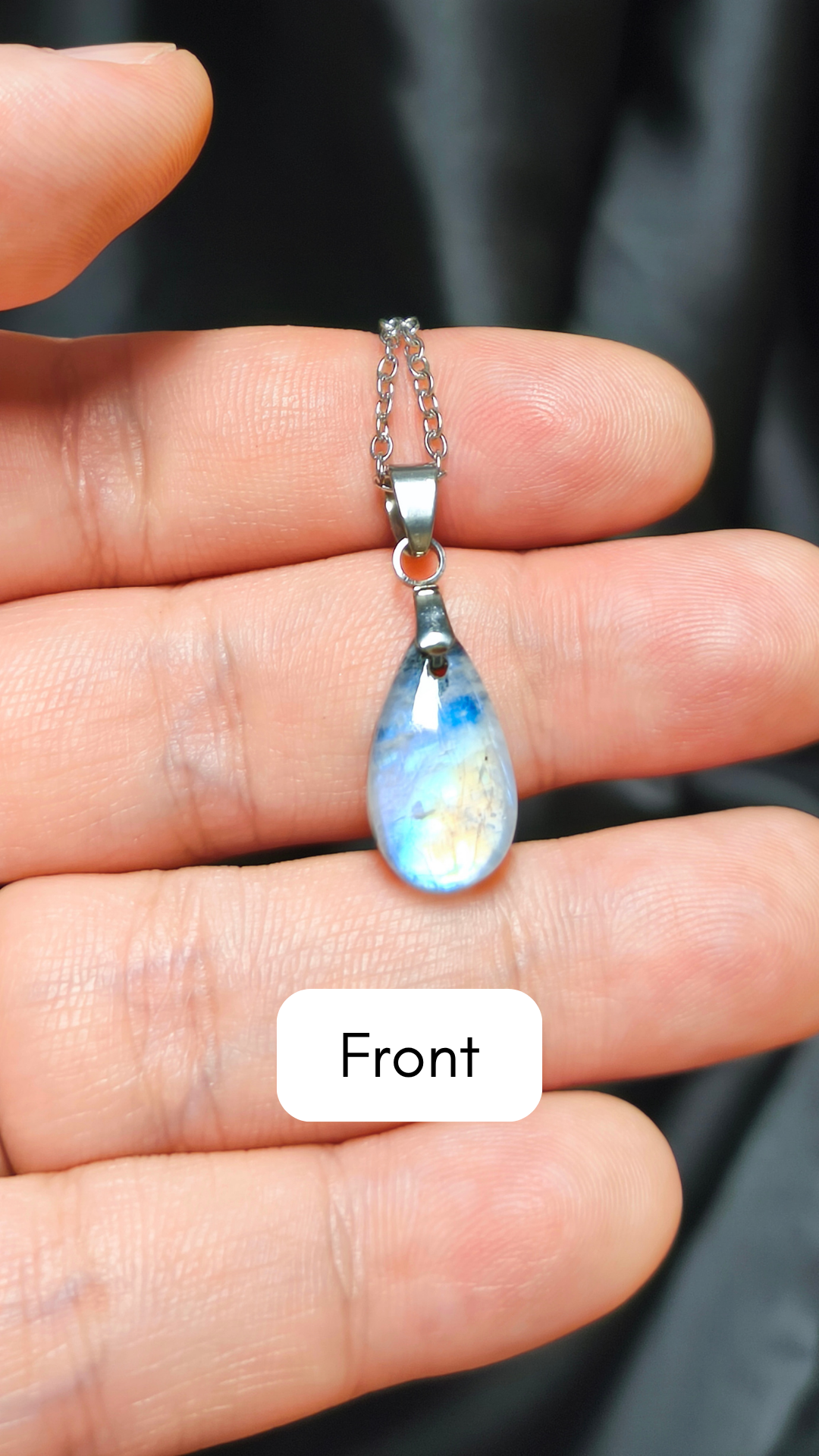 Rainbow moonstone w/ black tourmaline teardrop pendant necklace (04-15)