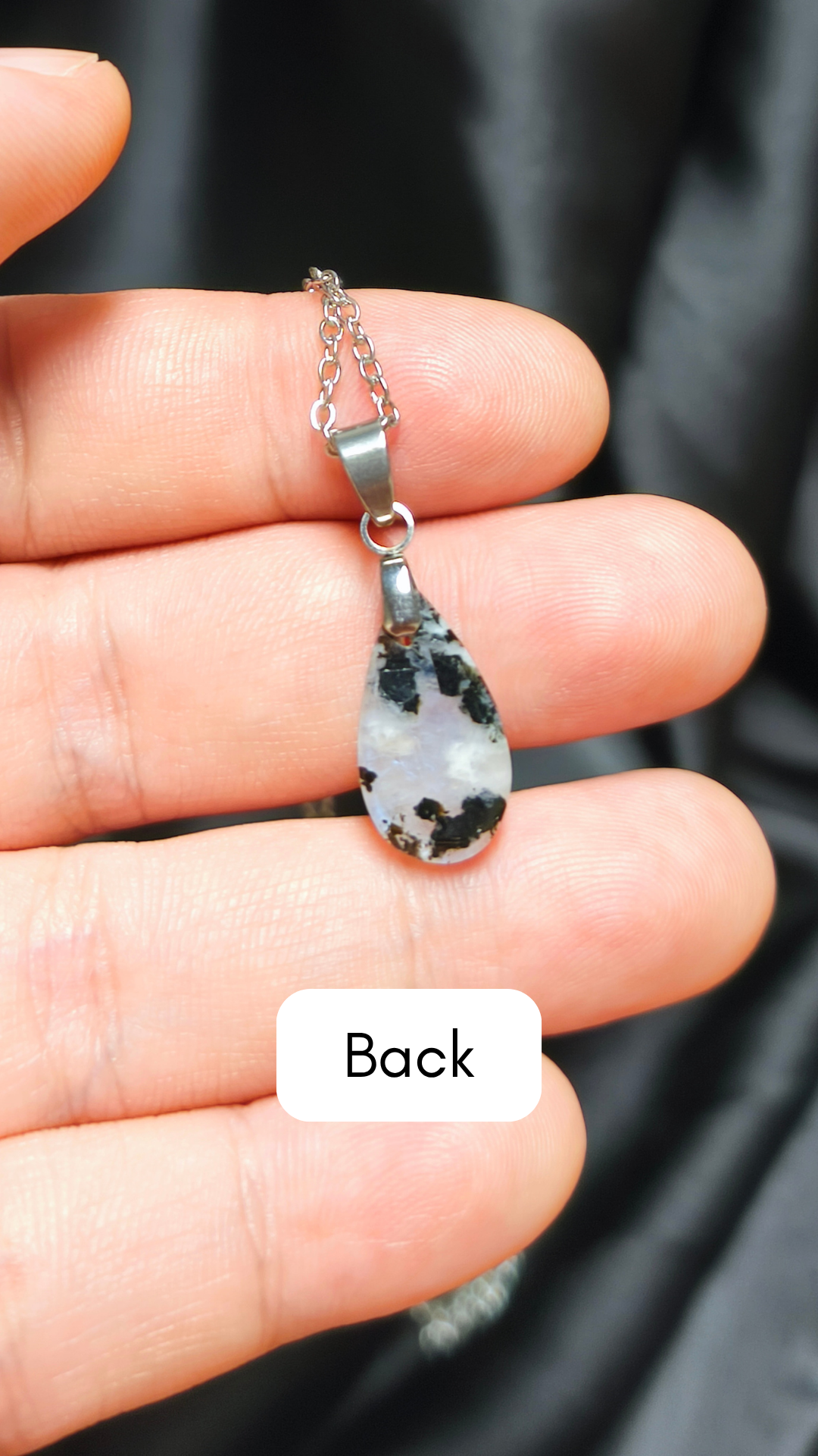 Rainbow moonstone w/ black tourmaline teardrop pendant necklace (04-15)