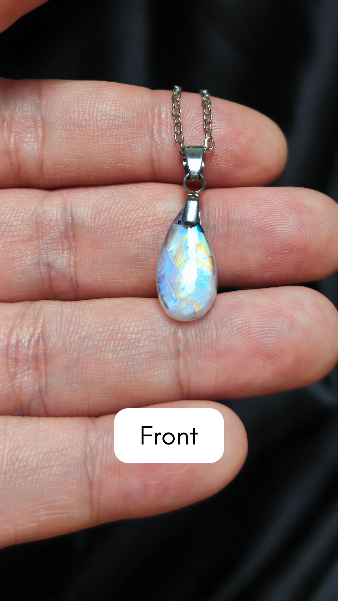 Rainbow moonstone w/ black tourmaline teardrop pendant necklace (04-09)