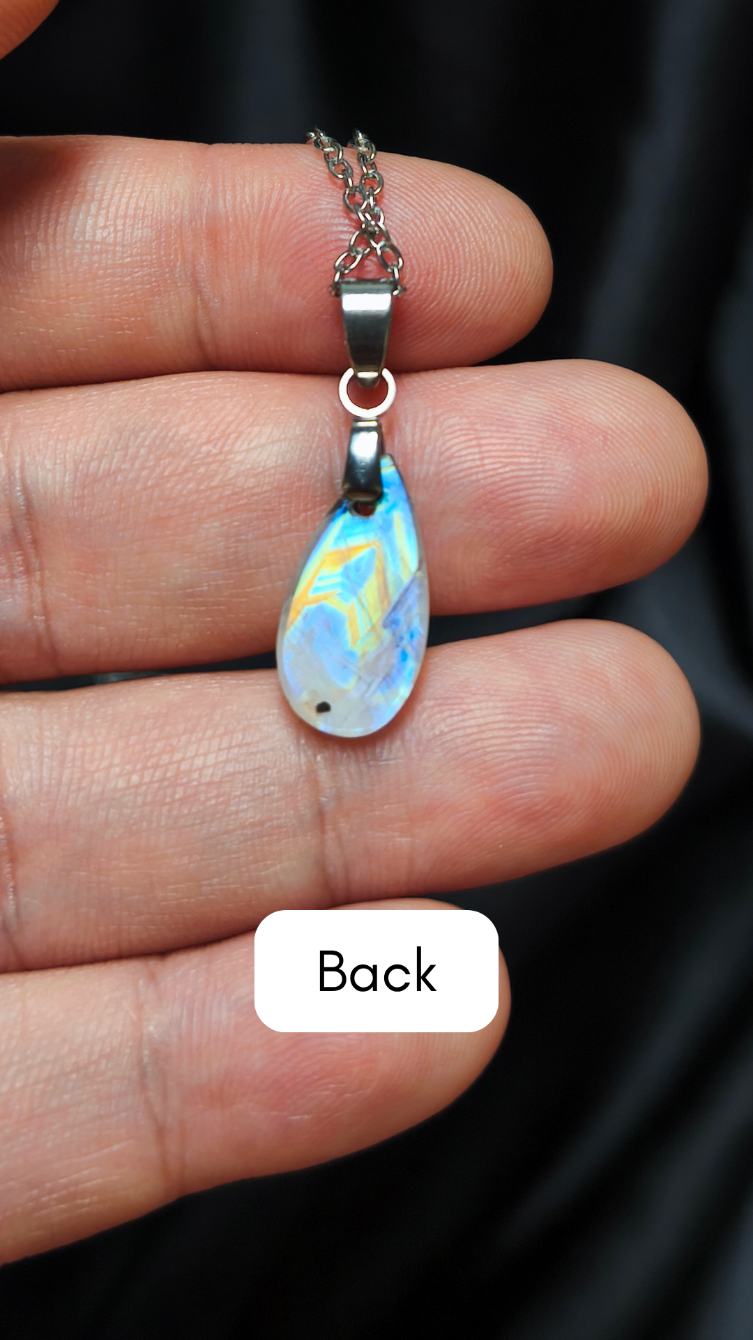 Rainbow moonstone w/ black tourmaline teardrop pendant necklace (04-09)