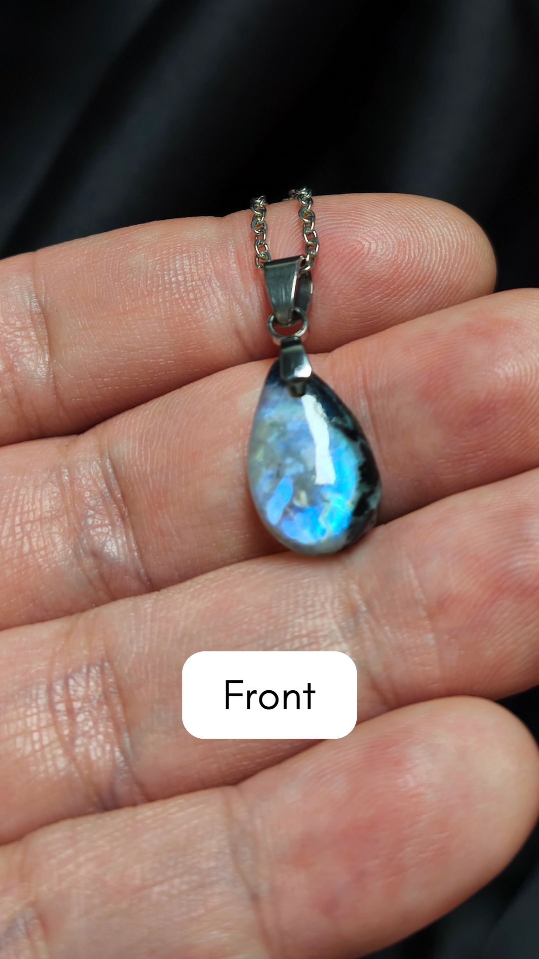 Rainbow moonstone w/ black tourmaline teardrop pendant necklace (04-17)