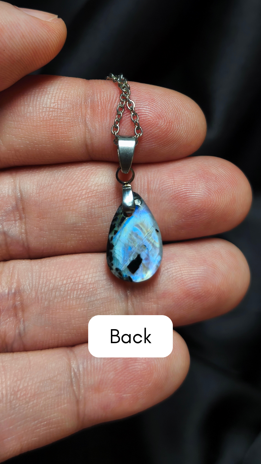 Rainbow moonstone w/ black tourmaline teardrop pendant necklace (04-17)