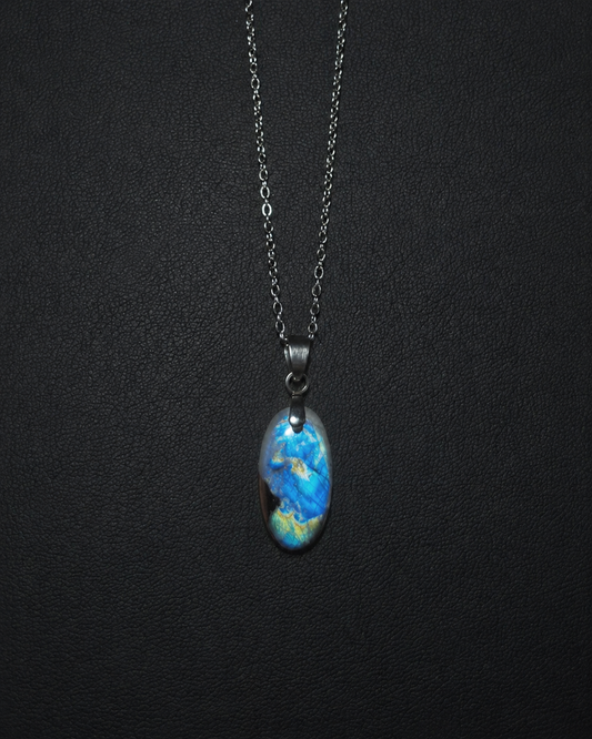 Rainbow moonstone w/ black tourmaline oval pendant necklace (04-08)
