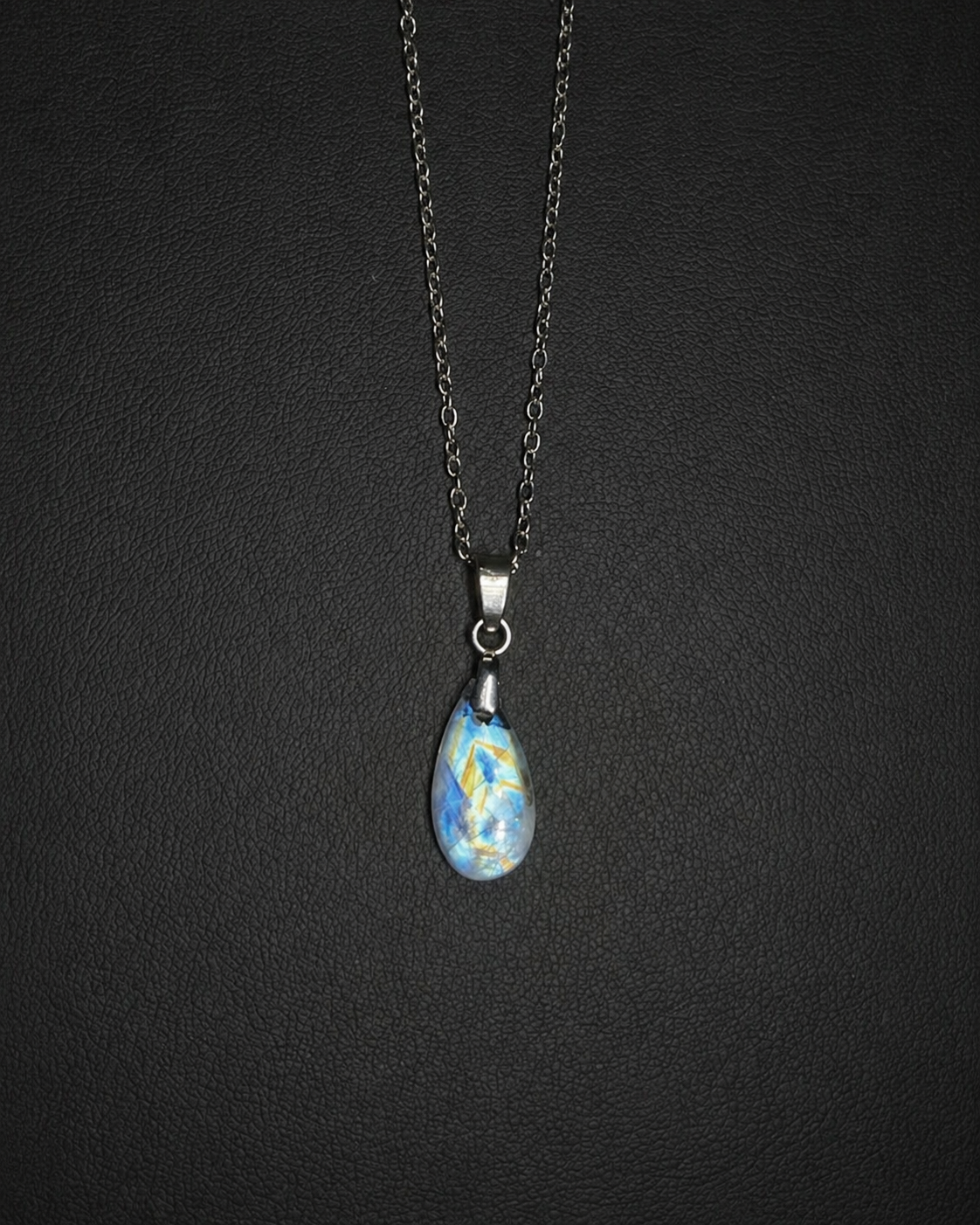 Rainbow moonstone w/ black tourmaline teardrop pendant necklace (04-09)