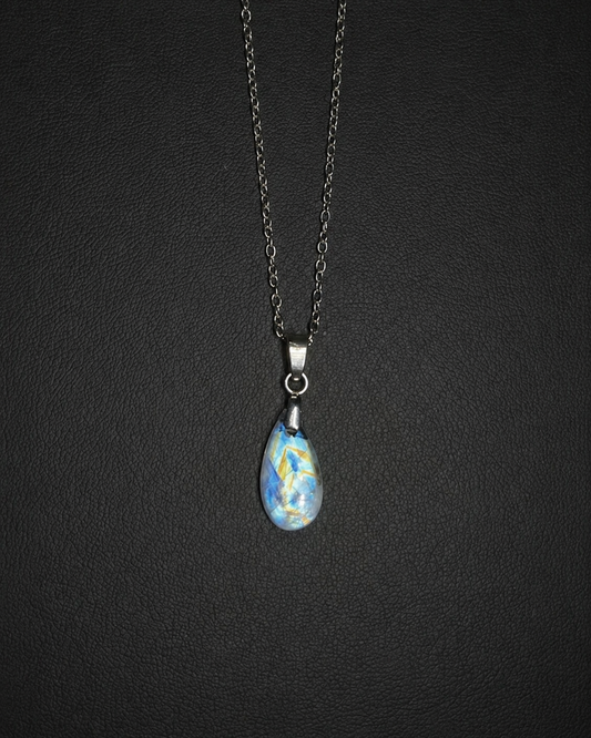 Rainbow moonstone w/ black tourmaline teardrop pendant necklace (04-09)